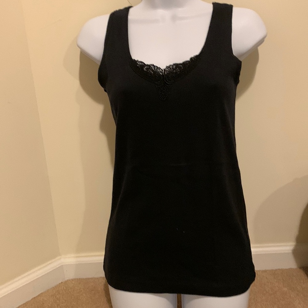 NWT Classic Black Filigree Neck Sleeveless Cotton Tank in Small
